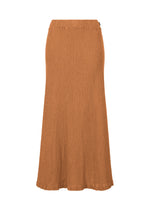 The HaaT KYO CHIJIMI EMB skirt is a long, brown piece with a flared silhouette, subtle waistband, and minimalist design. Made from lightweight fabric, it features no visible patterns or embellishments for an understated look. - CAMEL （no.42）