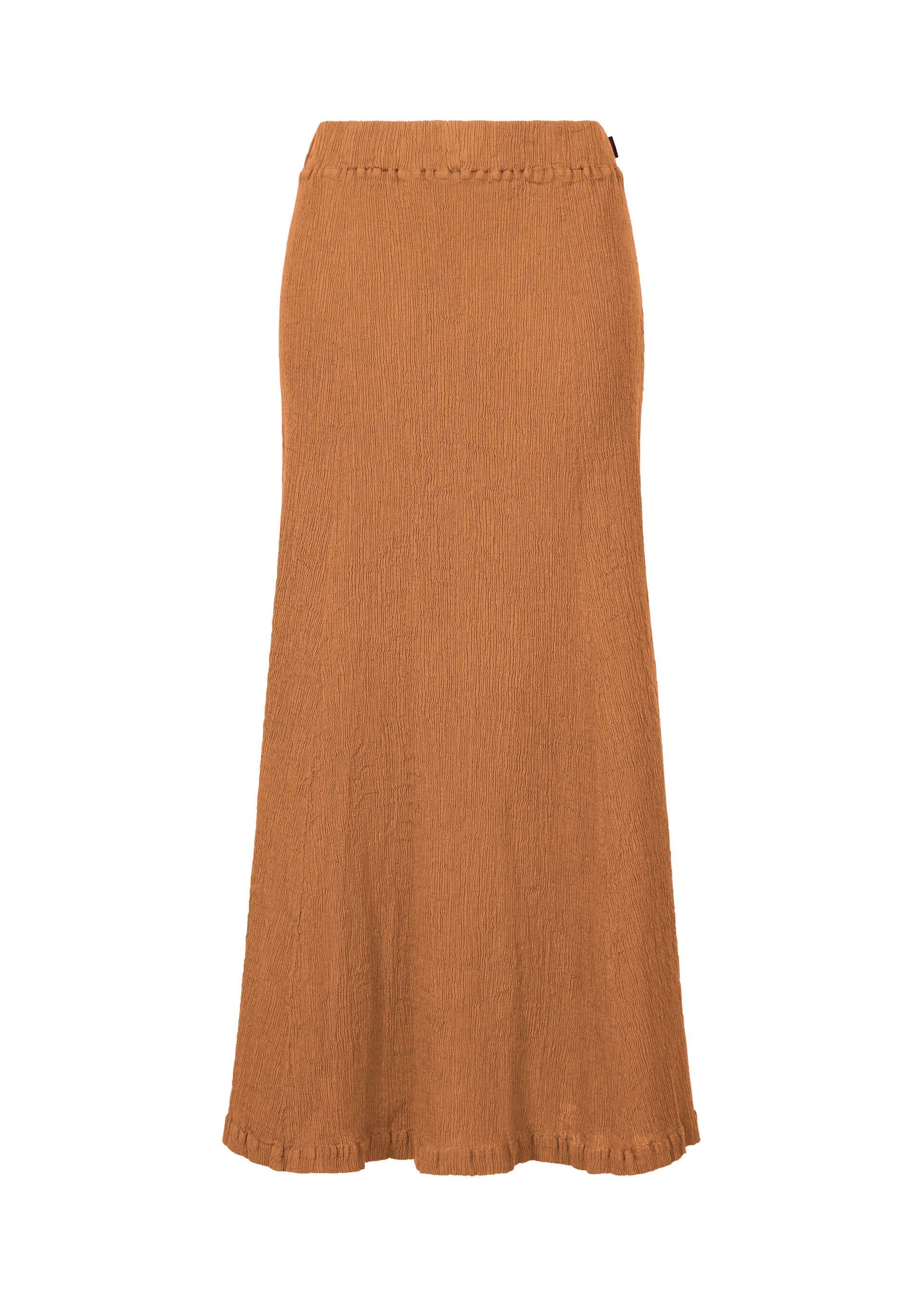 Zoomed view The HaaT KYO CHIJIMI EMB skirt is a long, brown piece with a flared silhouette, subtle waistband, and minimalist design. Made from lightweight fabric, it features no visible patterns or embellishments for an understated look. - CAMEL （no.42）