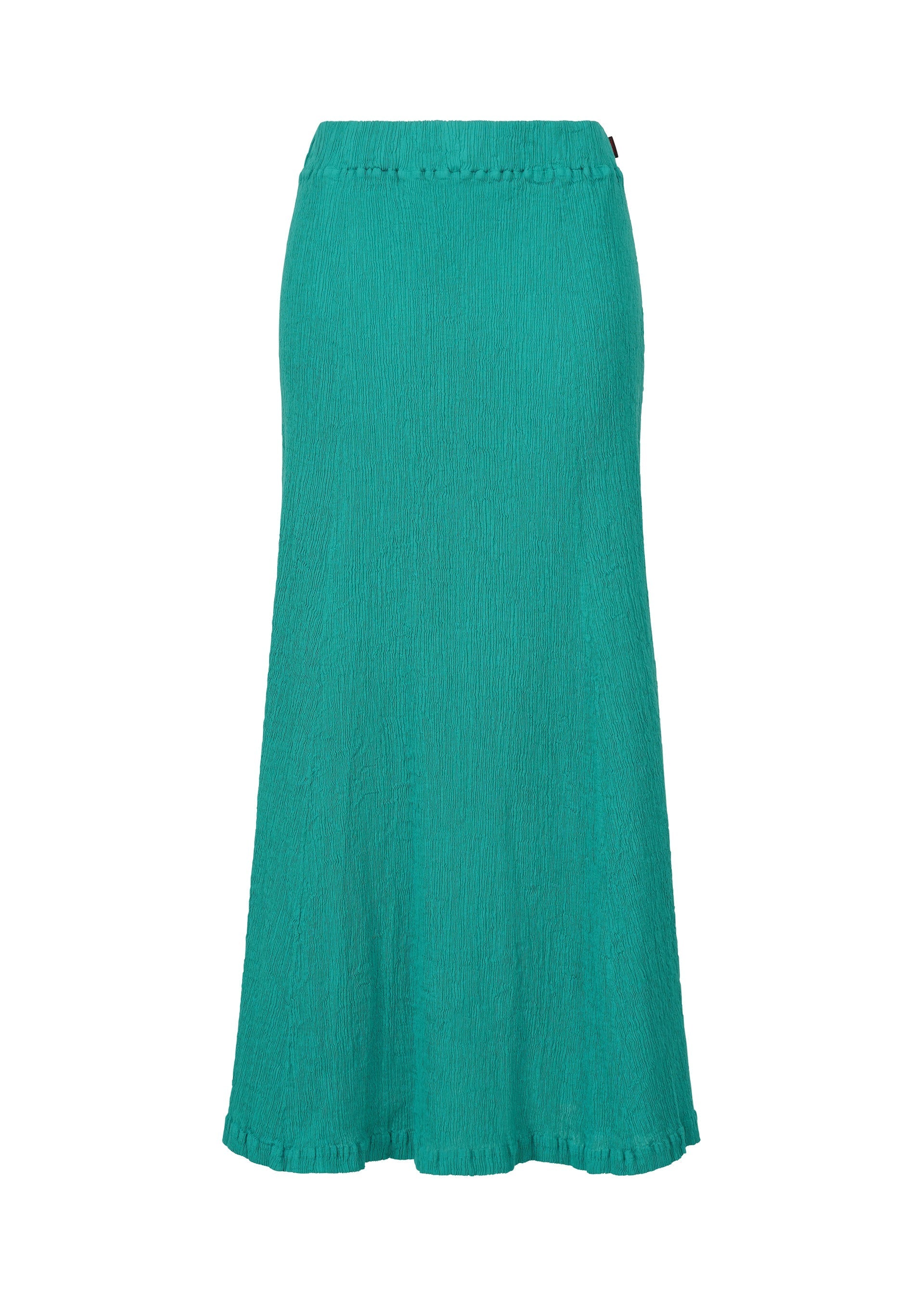 Zoomed view The HaaT KYO CHIJIMI EMB skirt features a teal hue, light texture, a fitted waist, and an elegant flared silhouette. - PEACOCK （no.63）