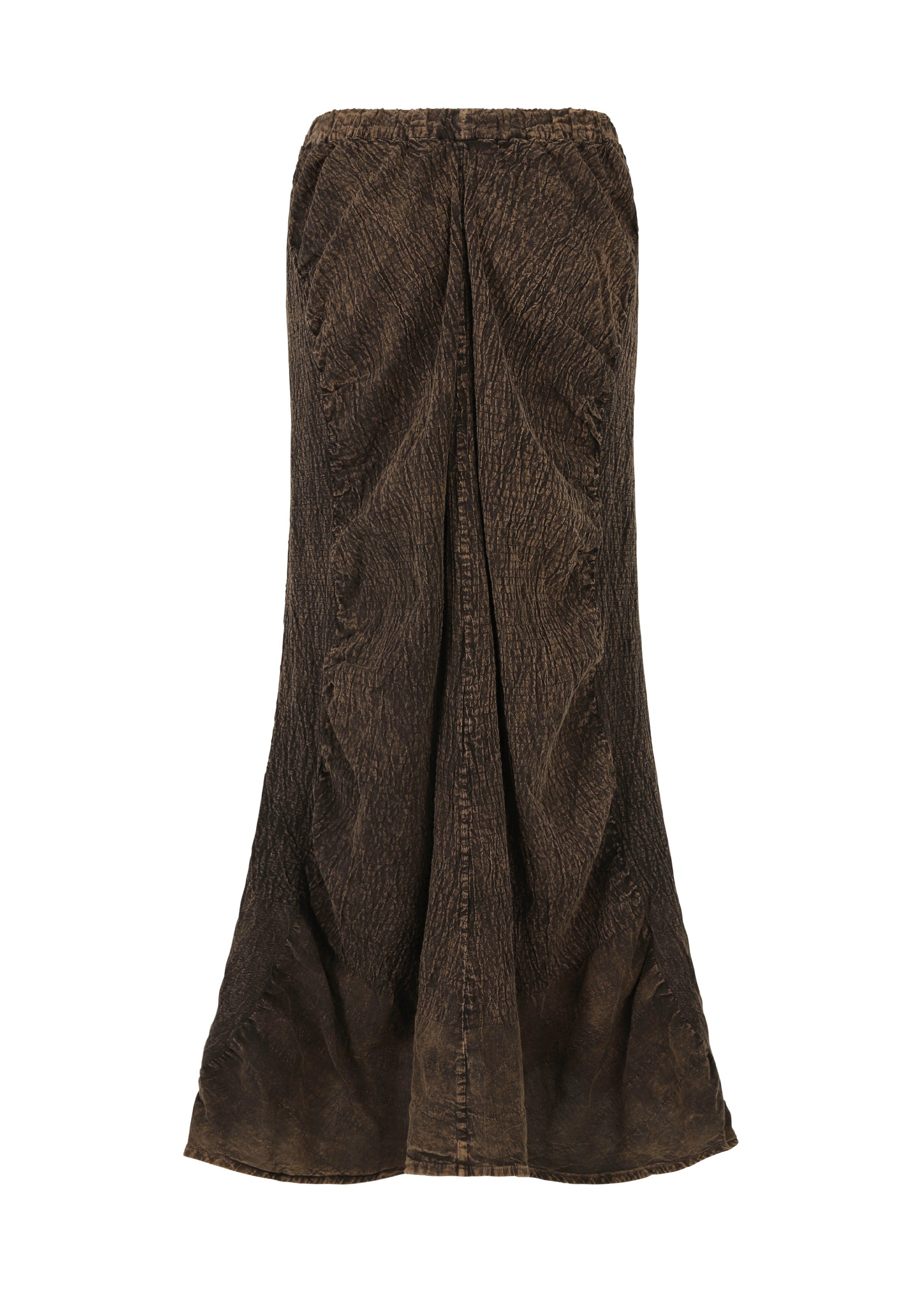 Zoomed view The TENMOKU COTTON skirt by HaaT is long, brown, and textured with a flared hem and subtle wavy pattern. Garment-dyed for a vintage look, it features a 3D texture, slightly distressed finish, and an elastic waistband for comfort.