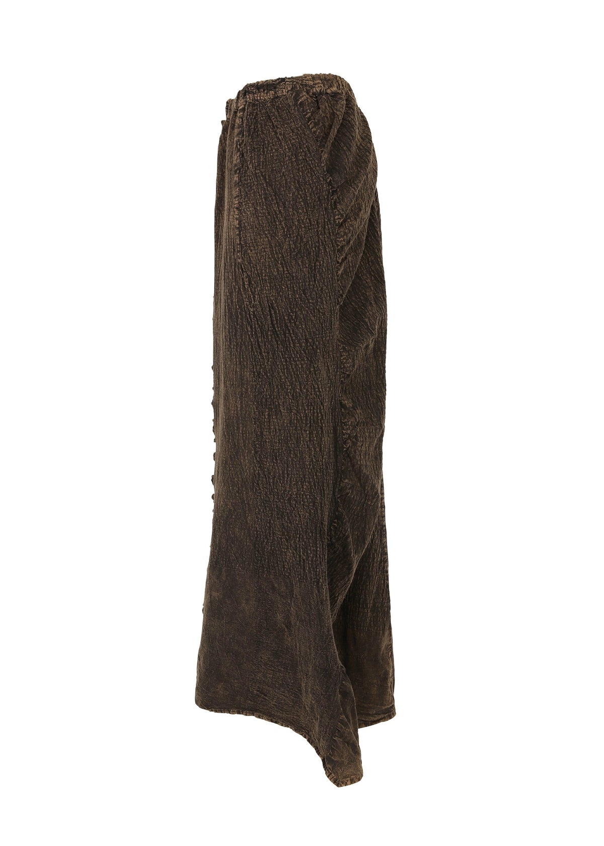 The TENMOKU COTTON skirt by HaaT is a long, textured brown wrap skirt with an uneven hem, made from garment-dyed fabric for enhanced depth. Shown against a white background. view 4 of 8