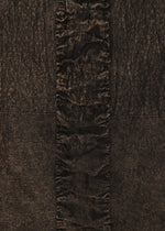 A close-up of HaaT's TENMOKU COTTON shows its garment-dyed fabric with three-dimensional texture and a central vertical strip of gathered, ruffled material contrasting the smoother sides.