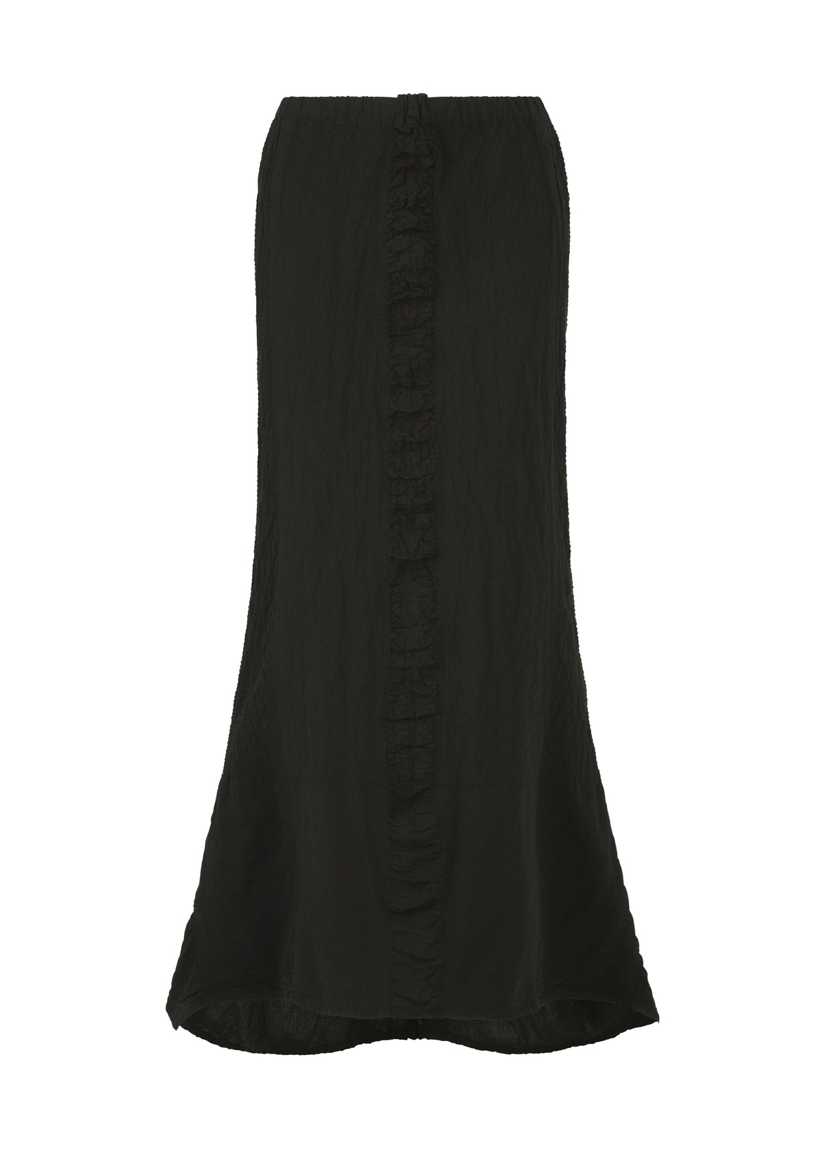 The HaaT TENMOKU COTTON skirt is a long black, garment-dyed piece with a textured finish, a subtle flare at the hem, and a central ruffled seam running vertically down the front. view 1 of 7