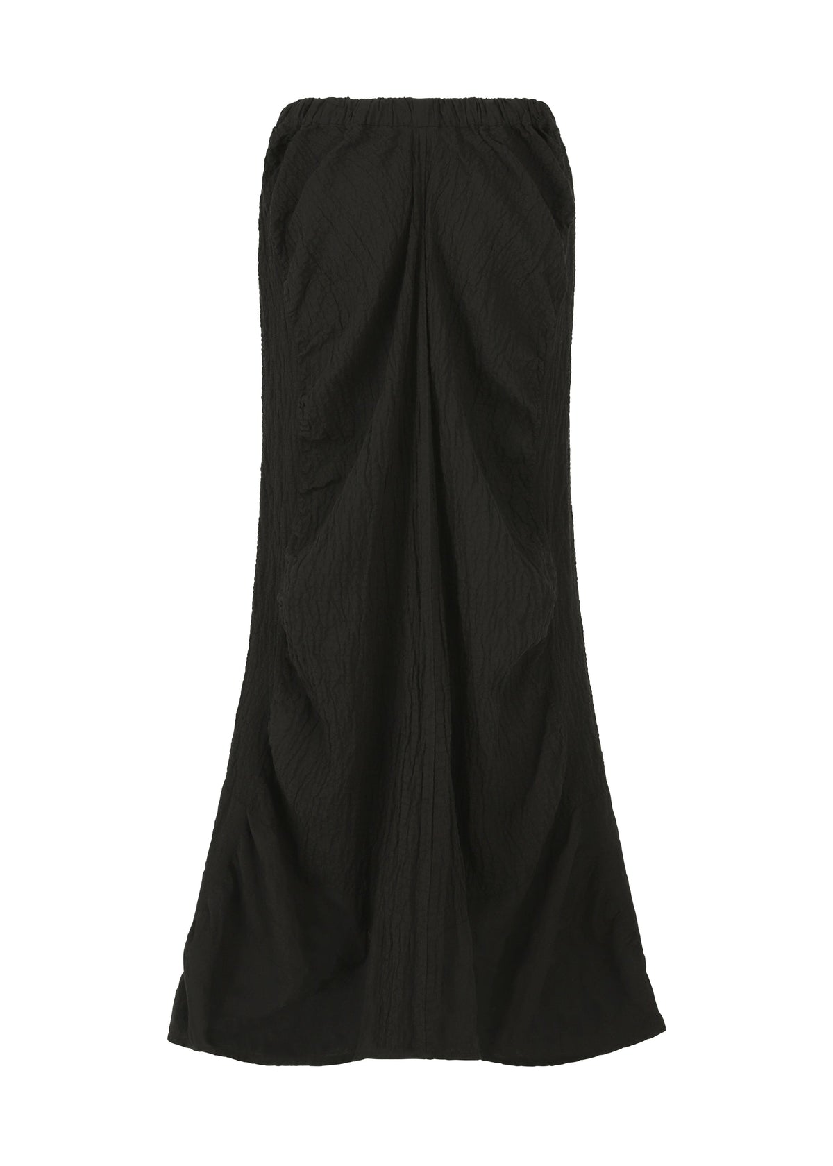 The HaaT TENMOKU COTTON is a long, black, garment-dyed textured skirt with a flared hem and gathered detailing, shown on a plain white background. view 2 of 7