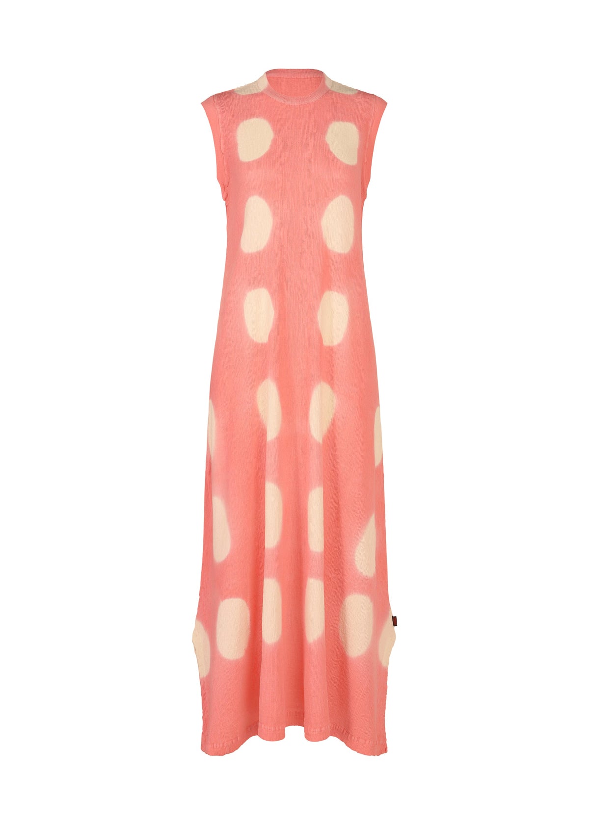 Sleeveless, ankle-length pink HaaT KYO CHIJIMI ITAJIME dress with large white polka dots and a round neckline, shown against a plain white background. view 2 of 8
