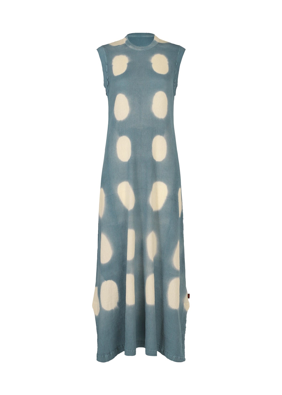 The HaaT KYO CHIJIMI ITAJIME is a sleeveless, ankle-length blue dress with a round neckline and large white irregular polka dots. Handcrafted for a loose, flowy fit, it is displayed on a plain white background. view 3 of 8