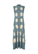 The HaaT KYO CHIJIMI ITAJIME is a sleeveless, ankle-length blue dress with a round neckline and large white irregular polka dots. Handcrafted for a loose, flowy fit, it is displayed on a plain white background. - BLUE （no.72）