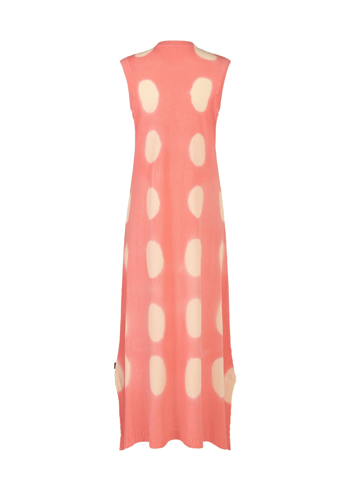 Sleeveless, ankle-length pink KYO CHIJIMI ITAJIME dress by HaaT with a straight cut, high neckline, relaxed fit, and large irregular white polka dots. Handcrafted and shown from the back. view 4 of 8