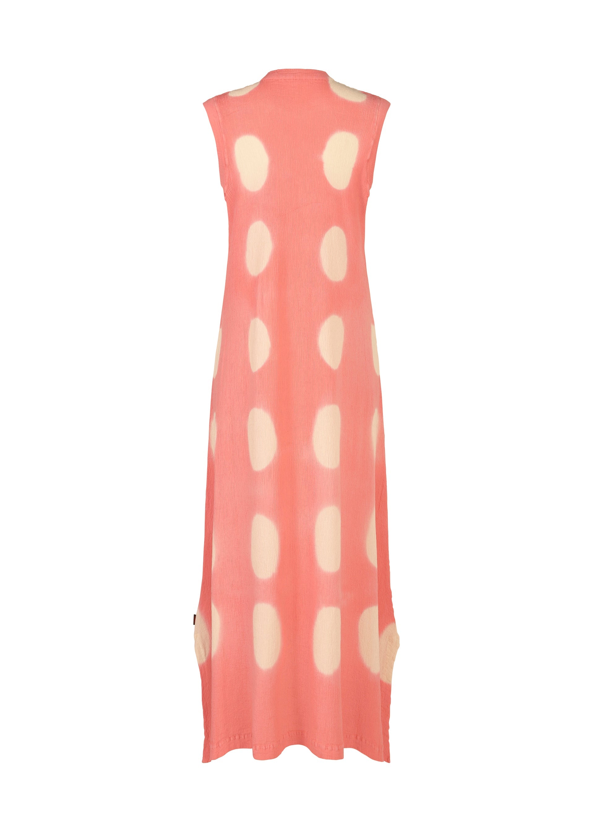 Zoomed view Sleeveless, ankle-length pink KYO CHIJIMI ITAJIME dress by HaaT with a straight cut, high neckline, relaxed fit, and large irregular white polka dots. Handcrafted and shown from the back.