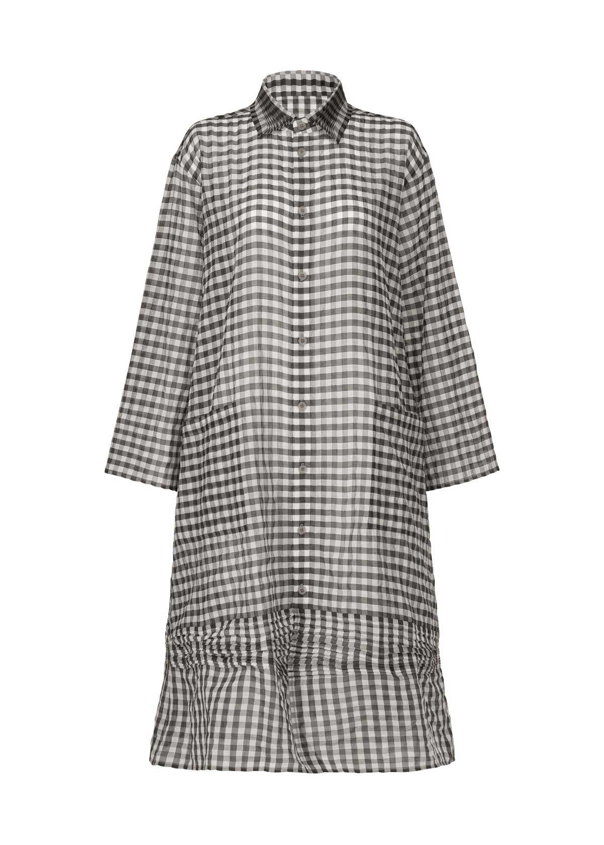 The HaaT 2 SIDE PINTUCKING dress is a long-sleeved, knee-length piece with black and white gingham checks, a shirt collar, loose fit, and a wide ruffled hem. view 1 of 8
