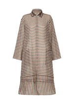 The HaaT 2 SIDE PINTUCKING coat features a long-sleeved, knee-length design with a brown and white checkered pattern, button-up front, collar, and relaxed fit inspired by gingham dresses. - BROWN (no.44)