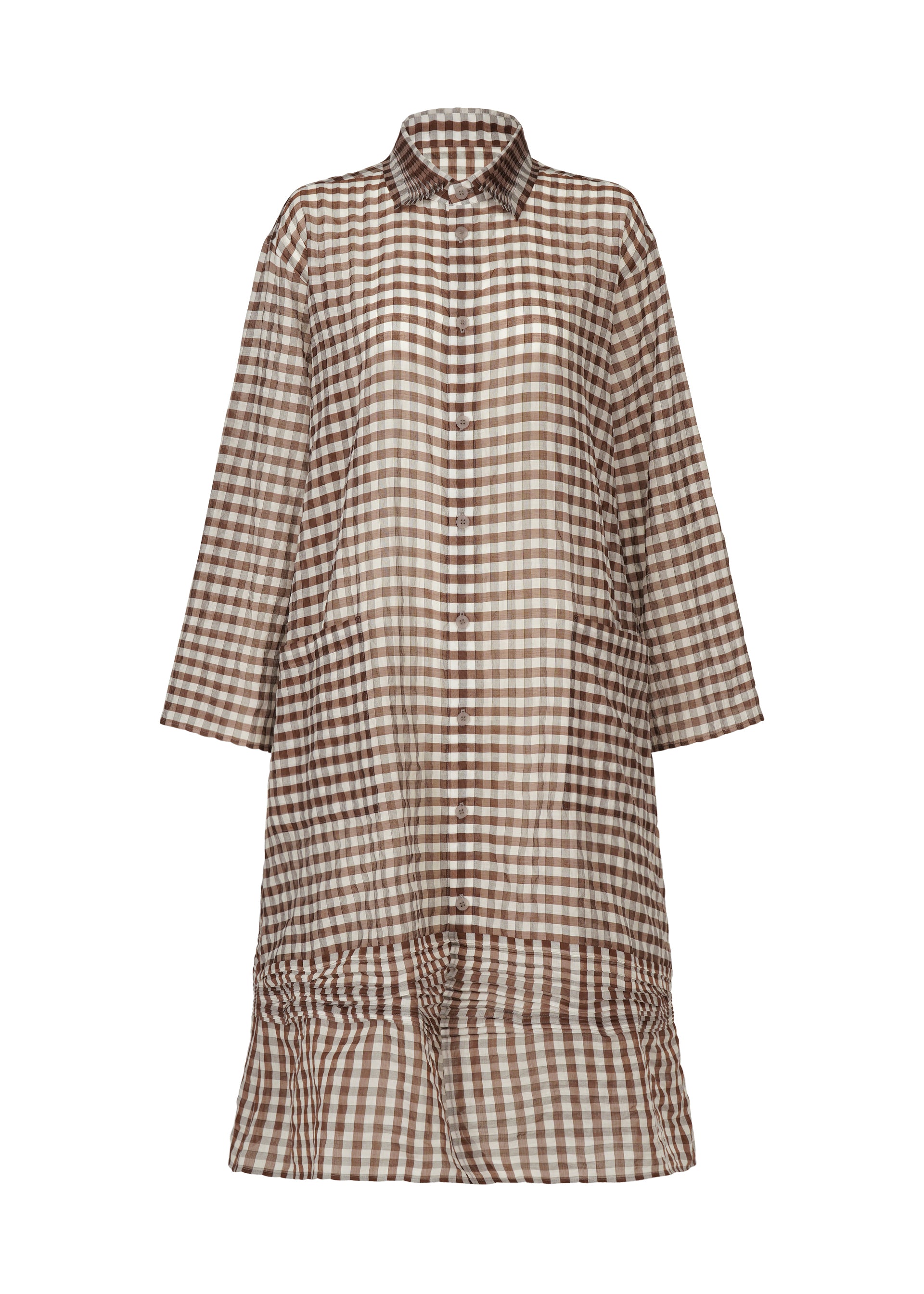 Zoomed view The HaaT 2 SIDE PINTUCKING coat features a long-sleeved, knee-length design with a brown and white checkered pattern, button-up front, collar, and relaxed fit inspired by gingham dresses. - BROWN (no.44)