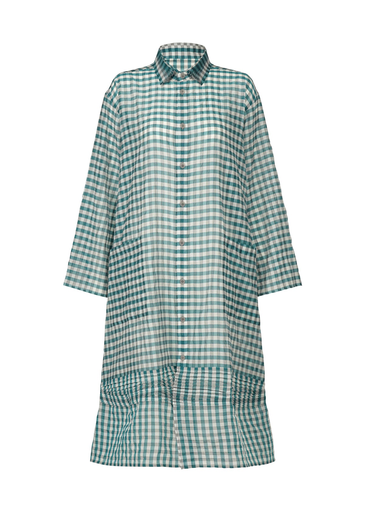 The HaaT 2 SIDE PINTUCKING dress is a loose-fitting, long-sleeved gingham piece in teal and white checks, featuring a collar and two large front pockets. view 3 of 8