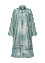 The HaaT 2 SIDE PINTUCKING dress is a loose-fitting, long-sleeved gingham piece in teal and white checks, featuring a collar and two large front pockets. - BLUE (no.72)