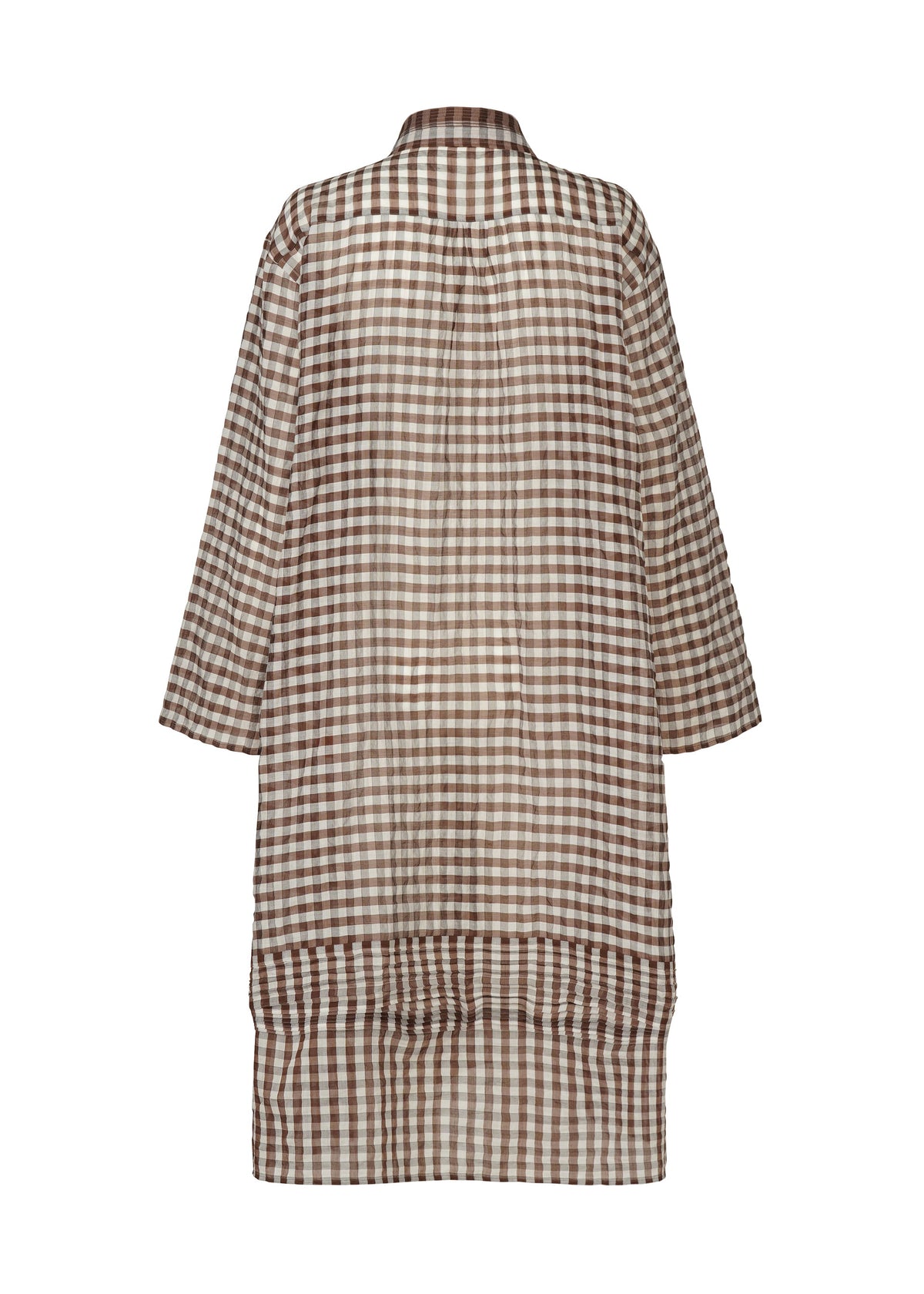 The HaaT 2 SIDE PINTUCKING is a long-sleeved, knee-length coat with a brown and white gingham pattern, shown from the back against a white background. It features a relaxed fit and straight hem. view 4 of 8