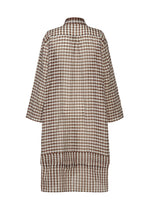 The HaaT 2 SIDE PINTUCKING is a long-sleeved, knee-length coat with a brown and white gingham pattern, shown from the back against a white background. It features a relaxed fit and straight hem.