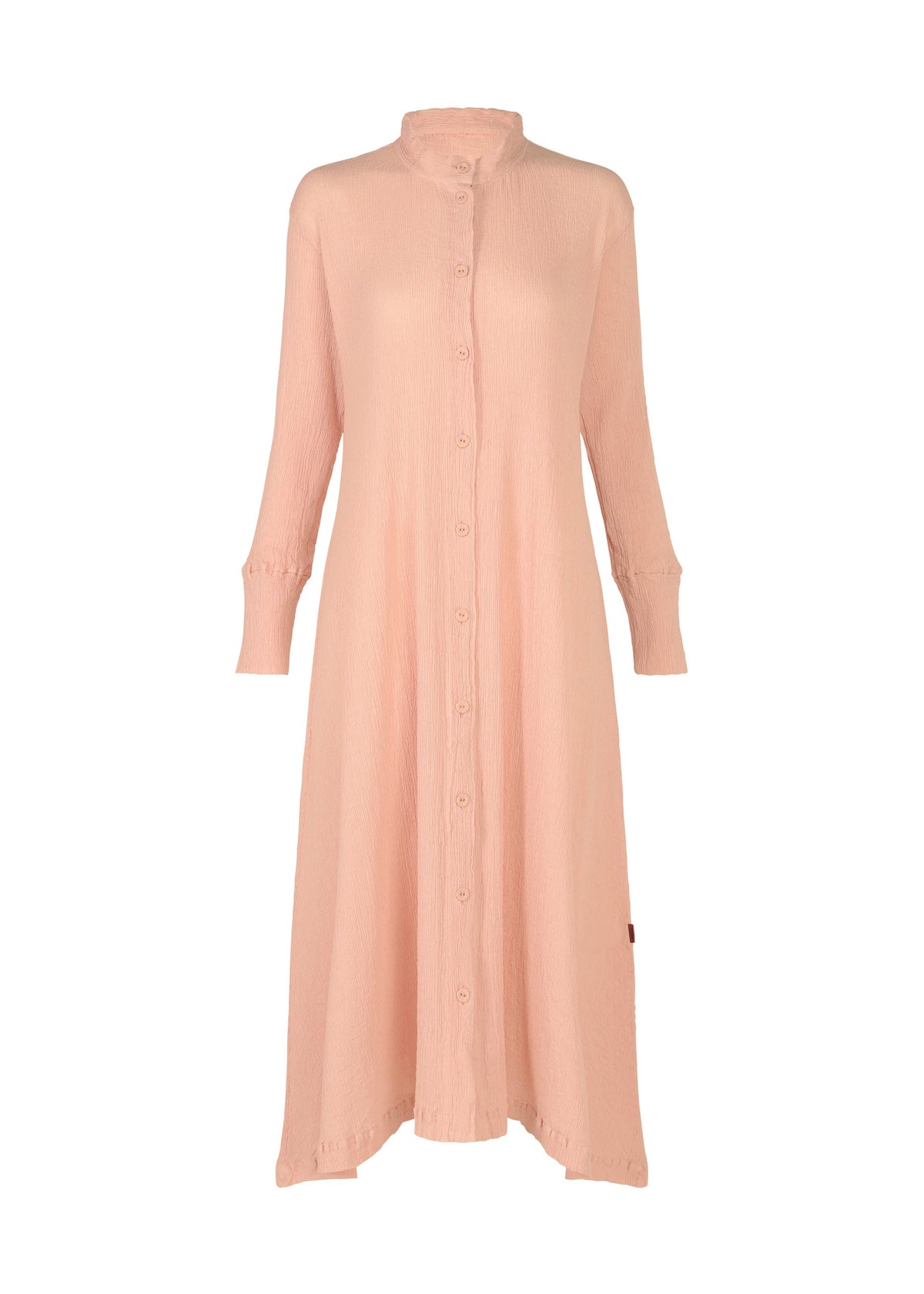 The HaaT KYO CHIJIMI FEBRUARY dress in light pink is crafted from ultra-fine cotton with long sleeves, a high collar, button-down front, and loose silhouette, displayed against a white background. view 2 of 8