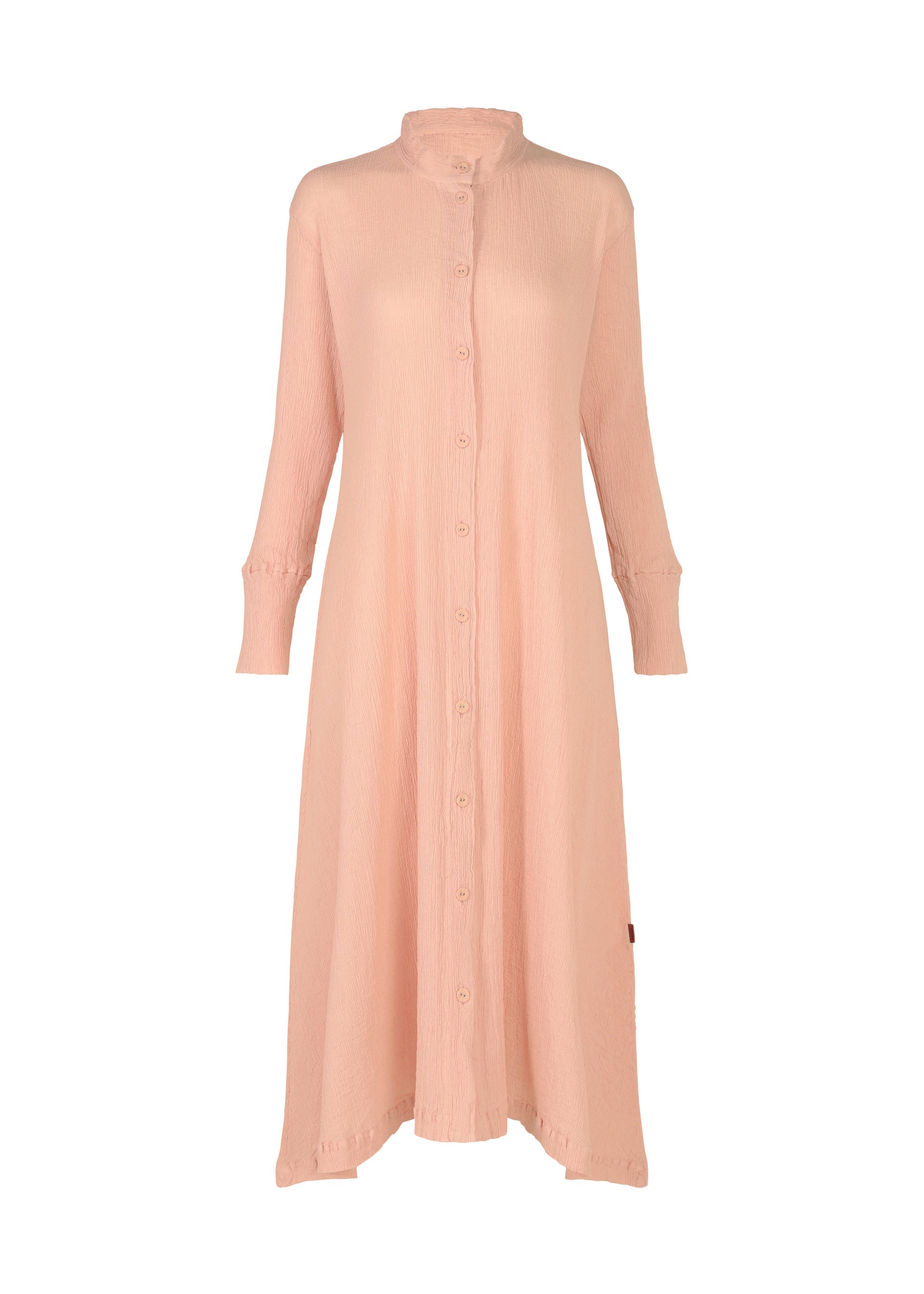 Zoomed view The HaaT KYO CHIJIMI FEBRUARY dress in light pink is crafted from ultra-fine cotton with long sleeves, a high collar, button-down front, and loose silhouette, displayed against a white background. - PALE PINK （no.21）
