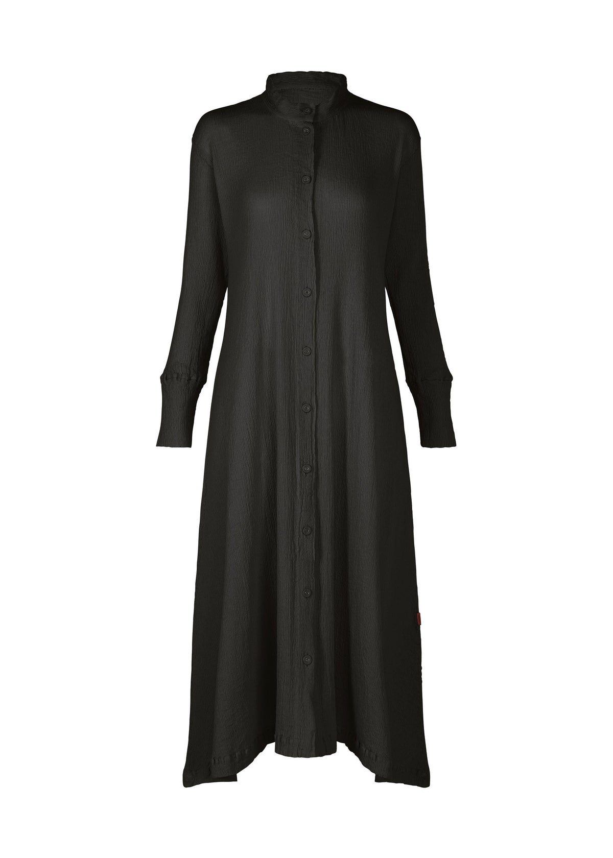 The HaaT KYO CHIJIMI FEBRUARY is a black, long-sleeved dress in ultra-fine cotton with a button-down front, high collar, and slightly flared hem, shown against a plain white background. view 3 of 8