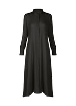 The HaaT KYO CHIJIMI FEBRUARY is a black, long-sleeved dress in ultra-fine cotton with a button-down front, high collar, and slightly flared hem, shown against a plain white background. - DARK BROWN （no.45）