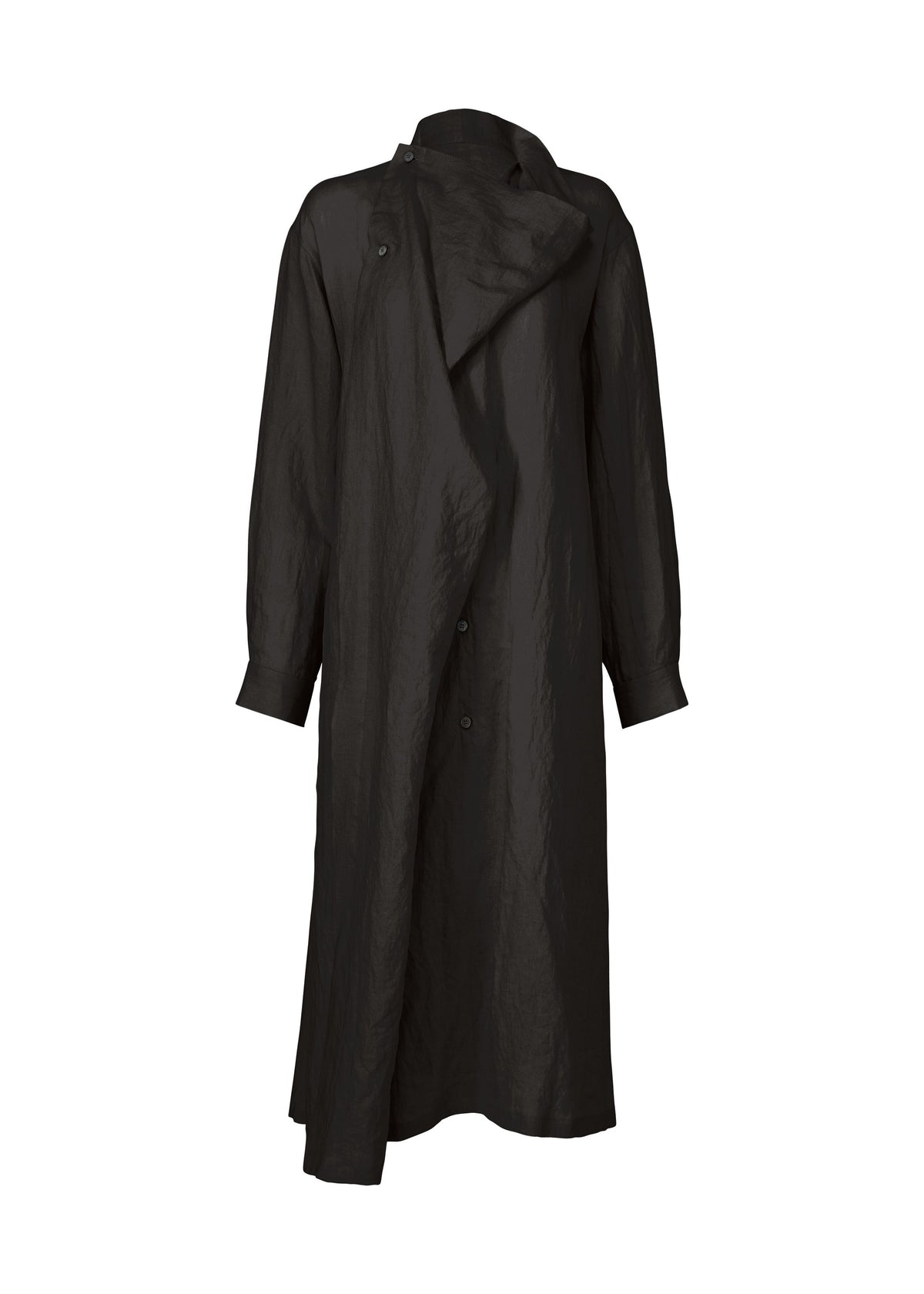 The JIKI trench coat by HaaT is a long black textured piece with an asymmetrical front, button closure, elegant silhouette, and long sleeves, shown on a white background. view 9 of 9
