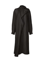 The JIKI trench coat by HaaT is a long black textured piece with an asymmetrical front, button closure, elegant silhouette, and long sleeves, shown on a white background. - BLACK (no.15)