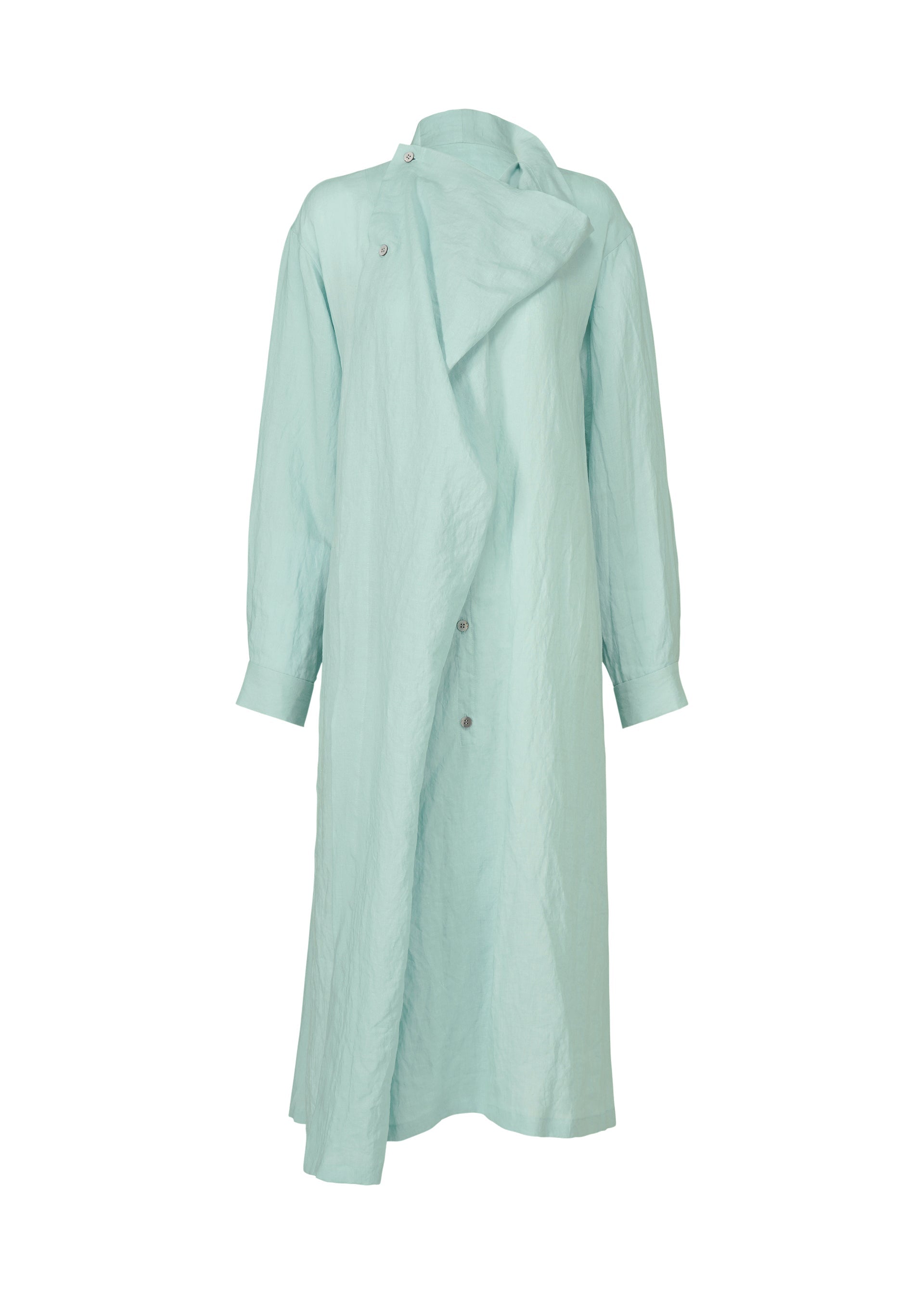 Zoomed view The JIKI coat by HaaT is a long, light blue piece with an asymmetrical front, loose fit, button closure, and long sleeves. Its lightweight, slightly textured material gives it an elegant silhouette. - LIGHT BLUE (no.70)
