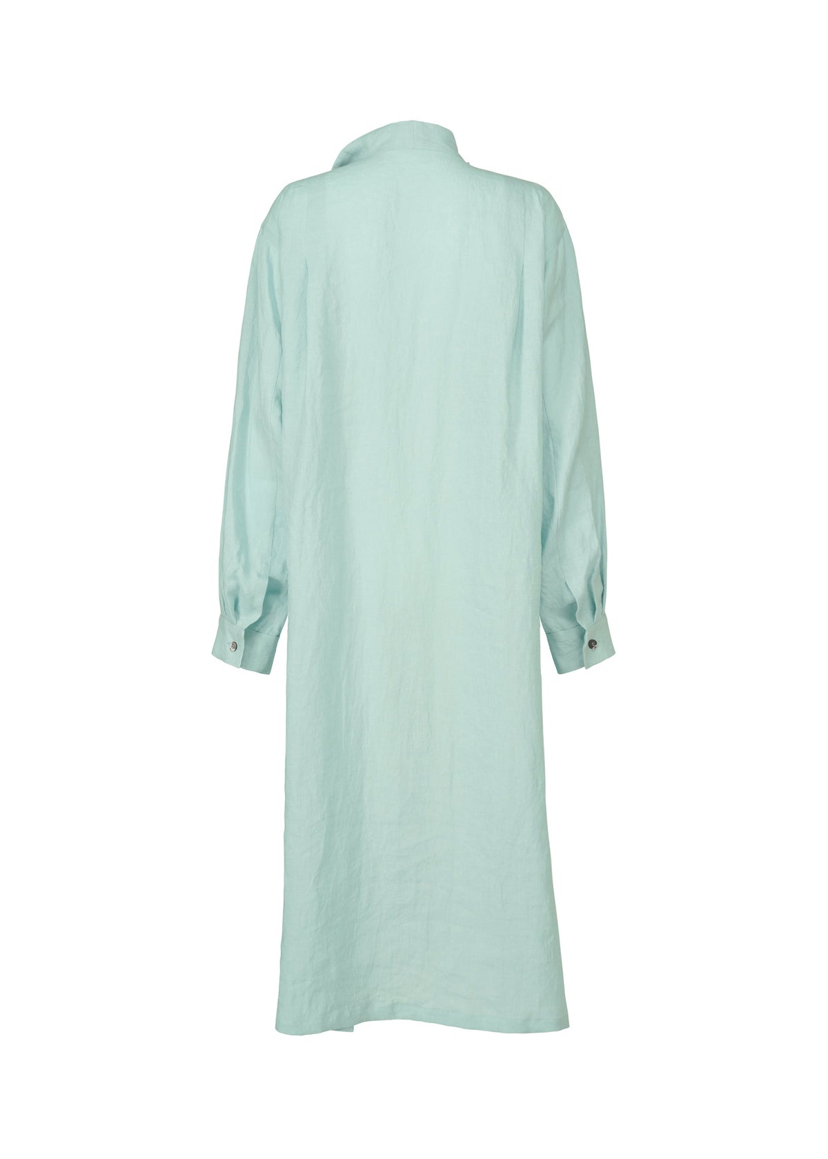 The JIKI dress by HaaT is a light blue French linen piece viewed from the back, with a collar, buttoned cuffs, and a loose fit below the knees for an effortlessly elegant look. view 2 of 9