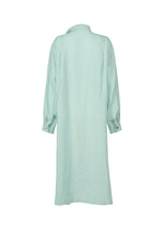 The JIKI dress by HaaT is a light blue French linen piece viewed from the back, with a collar, buttoned cuffs, and a loose fit below the knees for an effortlessly elegant look.