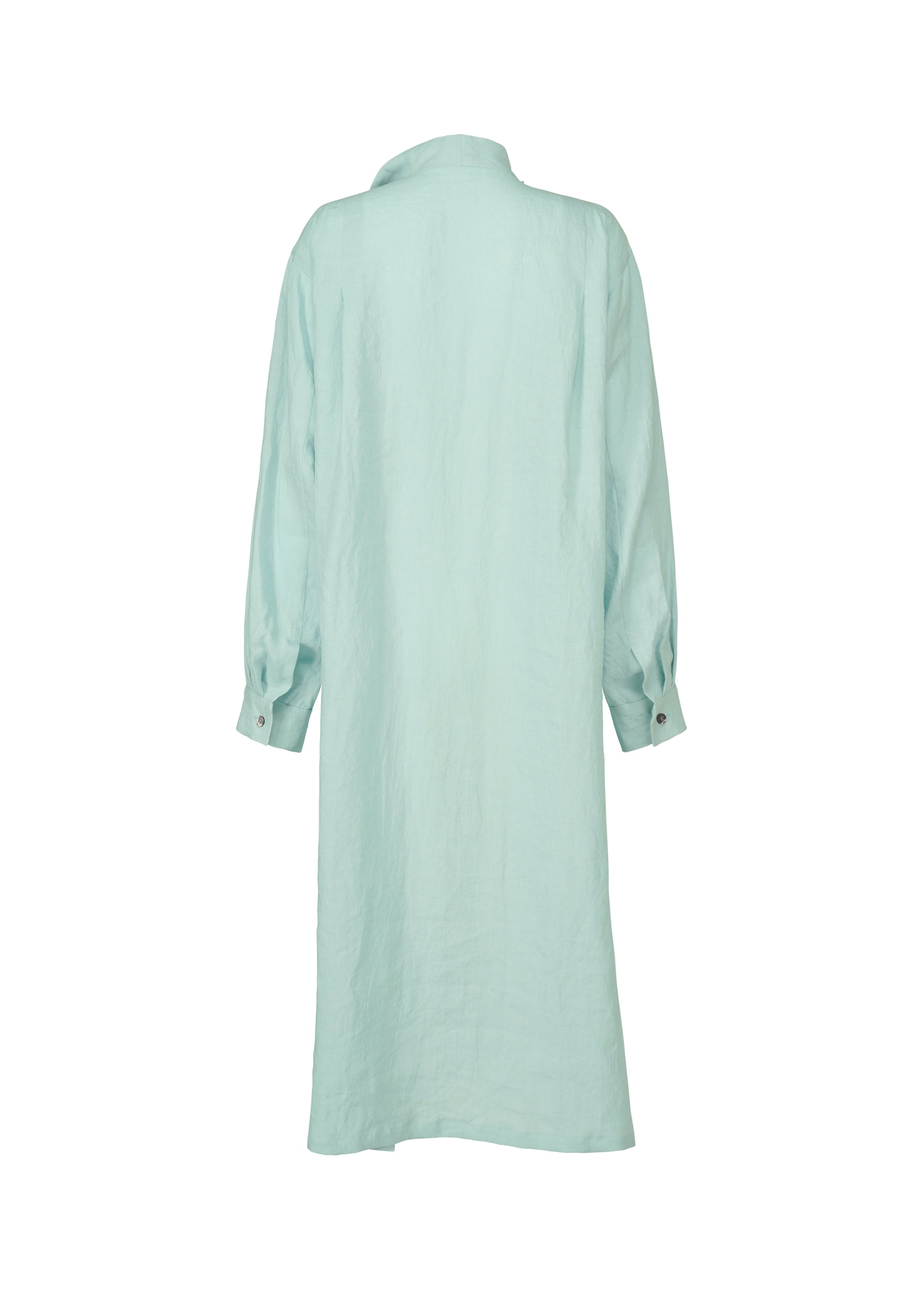 Zoomed view The JIKI dress by HaaT is a light blue French linen piece viewed from the back, with a collar, buttoned cuffs, and a loose fit below the knees for an effortlessly elegant look.