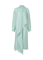The JIKI dress by HaaT is a light blue, long-sleeved French linen piece with an asymmetrical draped front, high neckline, relaxed fit, and minimal detailing for an elegant silhouette.