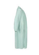 The HaaT JIKI is a light blue long-sleeve trench coat, shown from the side, featuring button details and an elegant silhouette. Its lightweight, unstructured fabric creates an airy feel ideal for layering.