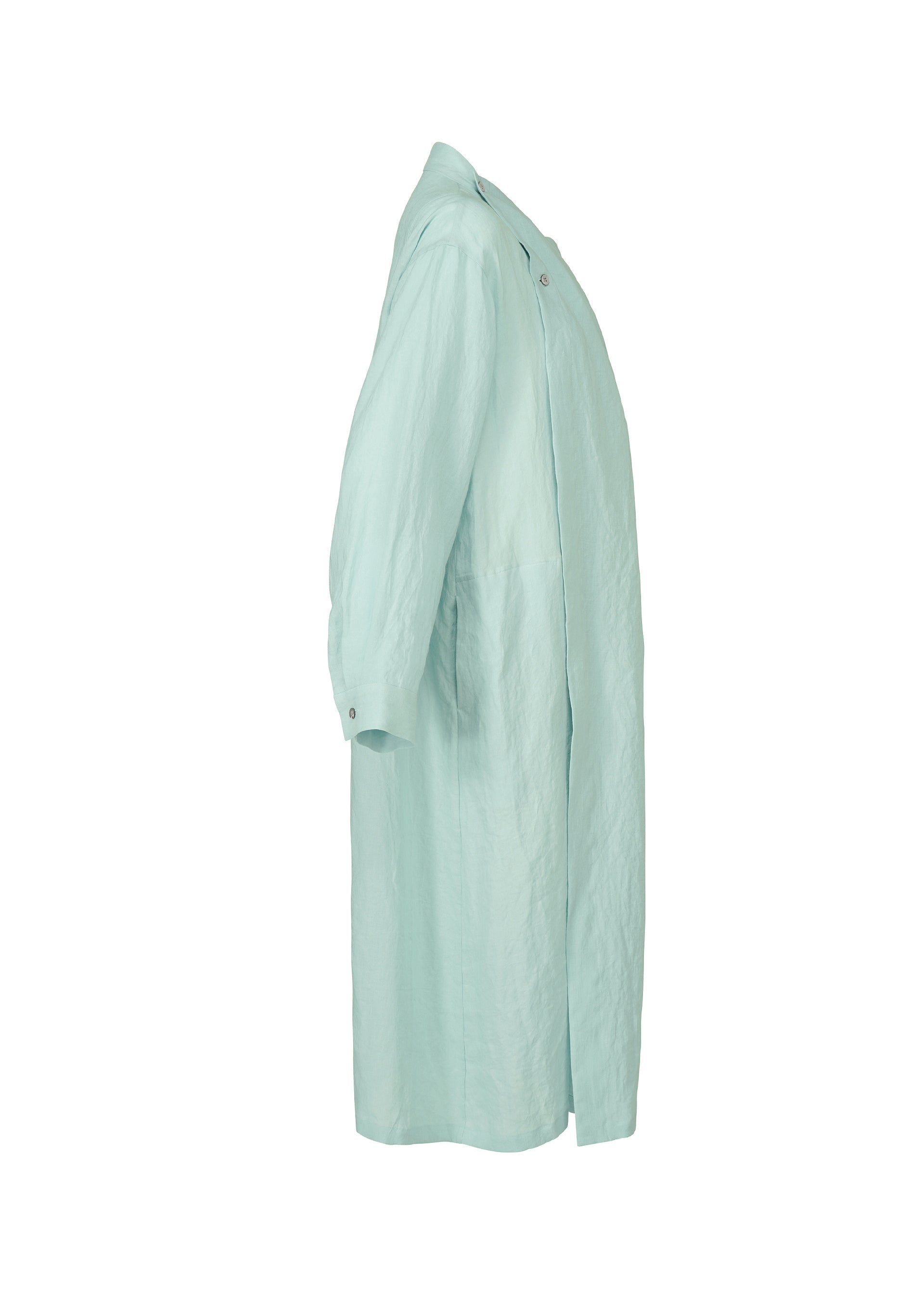 Zoomed view The HaaT JIKI is a light blue long-sleeve trench coat, shown from the side, featuring button details and an elegant silhouette. Its lightweight, unstructured fabric creates an airy feel ideal for layering.