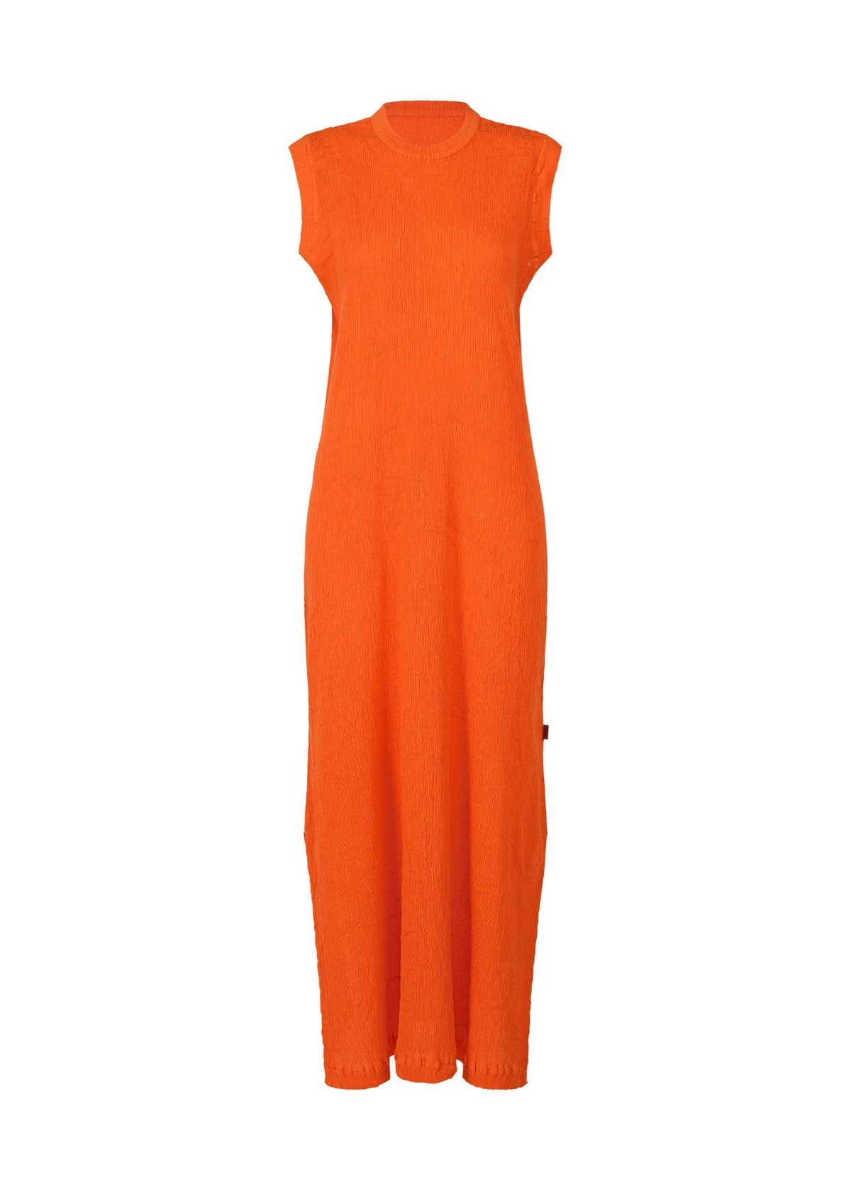 The HaaT KYO CHIJIMI MAY dress is sleeveless, bright orange, made from ultra-fine cotton yarn with a round neckline and relaxed straight silhouette. Its light, supple texture is shown against a white background. view 1 of 8