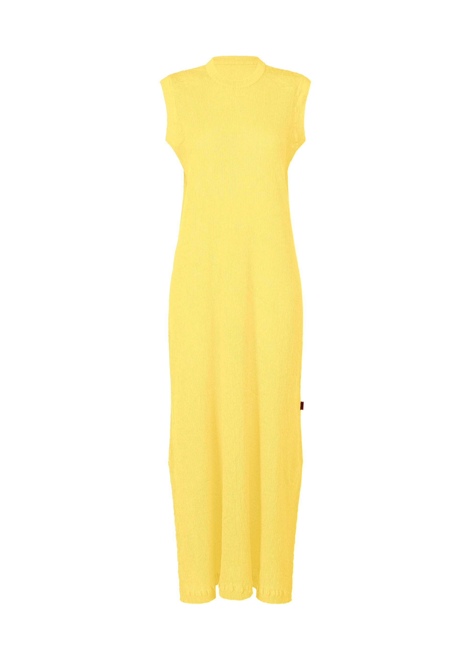 Zoomed view Sleeveless yellow KYO CHIJIMI MAY dress by HaaT, ankle-length with a high neckline and straight, relaxed fit, crafted from ultra-fine cotton for a light texture. Shown on a white background. - YELLOW （no.52）
