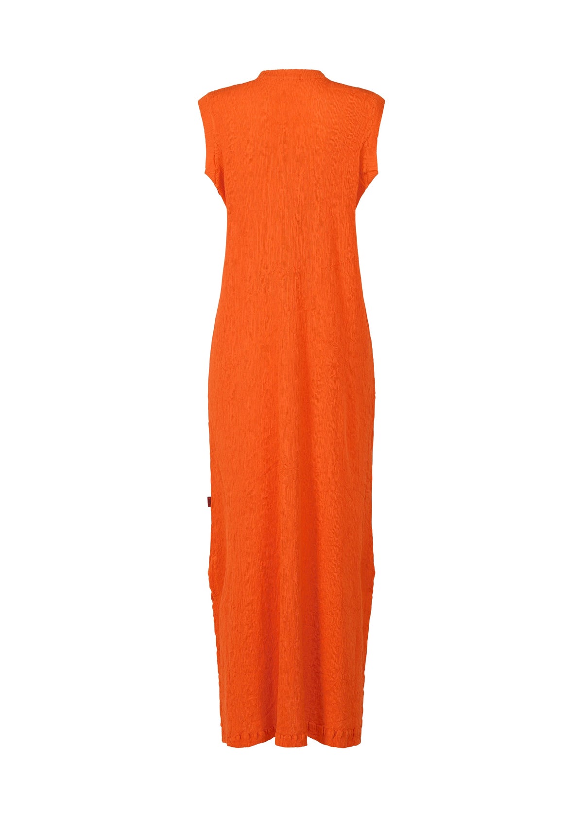 A sleeveless, ankle-length orange KYO CHIJIMI MAY dress by HaaT crafted from ultra-fine cotton yarn showcases a light and supple texture, viewed from the back against a plain white background. view 4 of 8