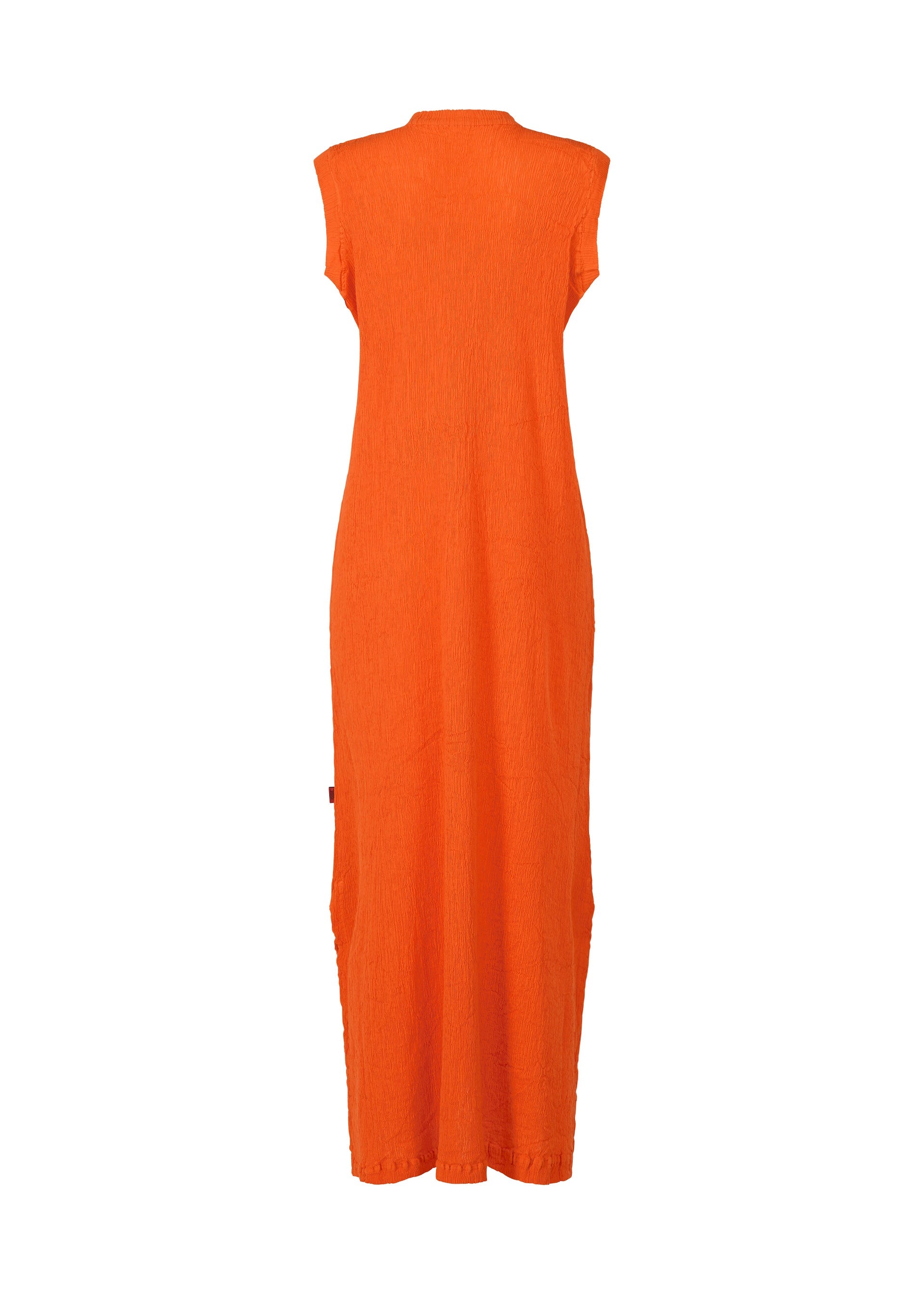 Zoomed view A sleeveless, ankle-length orange KYO CHIJIMI MAY dress by HaaT crafted from ultra-fine cotton yarn showcases a light and supple texture, viewed from the back against a plain white background.