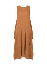 The HaaT KYO CHIJIMI EMB dress features a sleeveless, flowing silhouette in textured light brown fabric, a round neckline, and subtle curved embroidery along the front seams for a relaxed touch. - CAMEL （no.42）