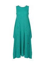 The HaaT KYO CHIJIMI EMB is a sleeveless, loose-fitting teal dress with textured fabric and subtle curved embroidery on the front, shown against a plain white background. - PEACOCK （no.63）