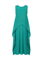 The KYO CHIJIMI EMB by HaaT is a sleeveless teal dress with textured fabric, a loose fit, and a distinctive waist overlay, highlighted by curved embroidery for an elegant, flowing silhouette.