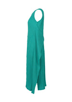 The KYO CHIJIMI EMB dress by HaaT is a sleeveless teal design with a loose silhouette, Garabo-thread textured fabric, and an asymmetrical hem with curved embroidery, shown in a side view against a white background.