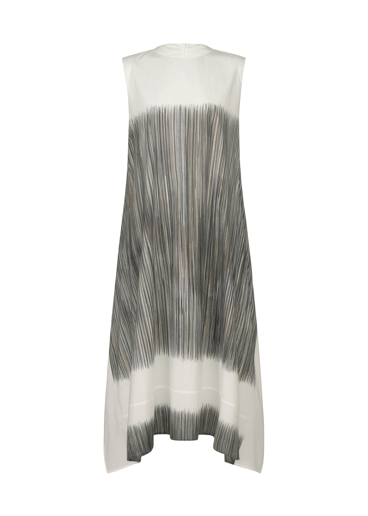 The SAZANAMI dress by HaaT is a sleeveless white organic cotton A-line with black and gray brushstroke patterns inspired by Kyoto artisans. An asymmetrical, flowy hem enhances its dynamic, modern style. view 1 of 10