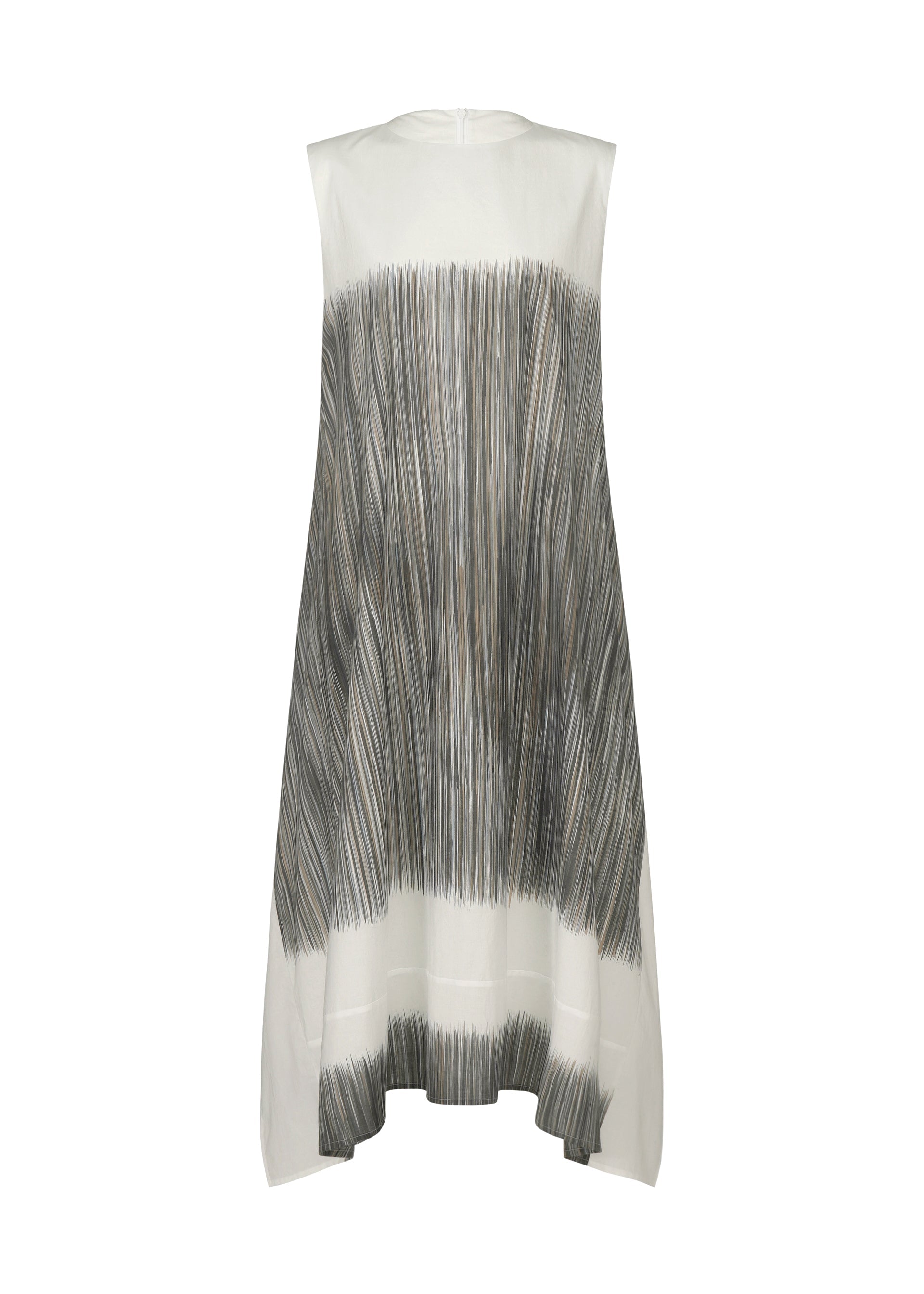 Zoomed view The SAZANAMI dress by HaaT is a sleeveless white organic cotton A-line with black and gray brushstroke patterns inspired by Kyoto artisans. An asymmetrical, flowy hem enhances its dynamic, modern style. - BLACK （no.15）