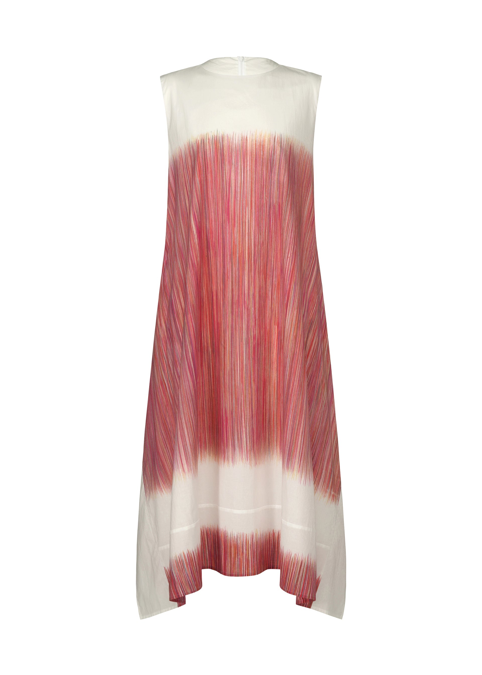 Zoomed view The SAZANAMI dress by HaaT is a sleeveless, loose-fitting organic cotton piece with hand-painted vertical pink and red lines clustered at the center for a gradient effect. It features a high neckline and a flowing, asymmetrical hem. - RED （no.24）