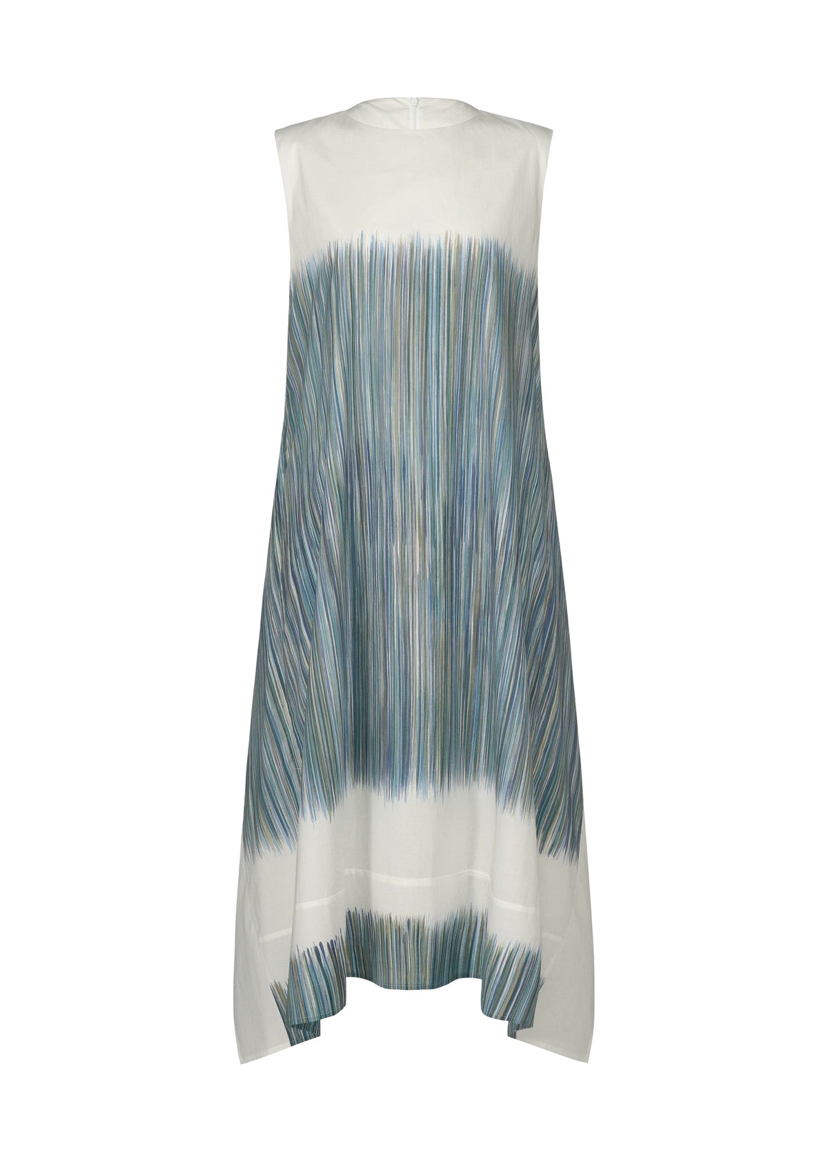 The SAZANAMI dress by HaaT is a sleeveless, white organic cotton piece with a high neckline, asymmetrical hemline, and a blue-green abstract vertical brushstroke pattern inspired by Kyoto artisans. view 3 of 10