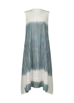 The SAZANAMI dress by HaaT is a sleeveless, white organic cotton piece with a high neckline, asymmetrical hemline, and a blue-green abstract vertical brushstroke pattern inspired by Kyoto artisans. - BLUE （no.72）