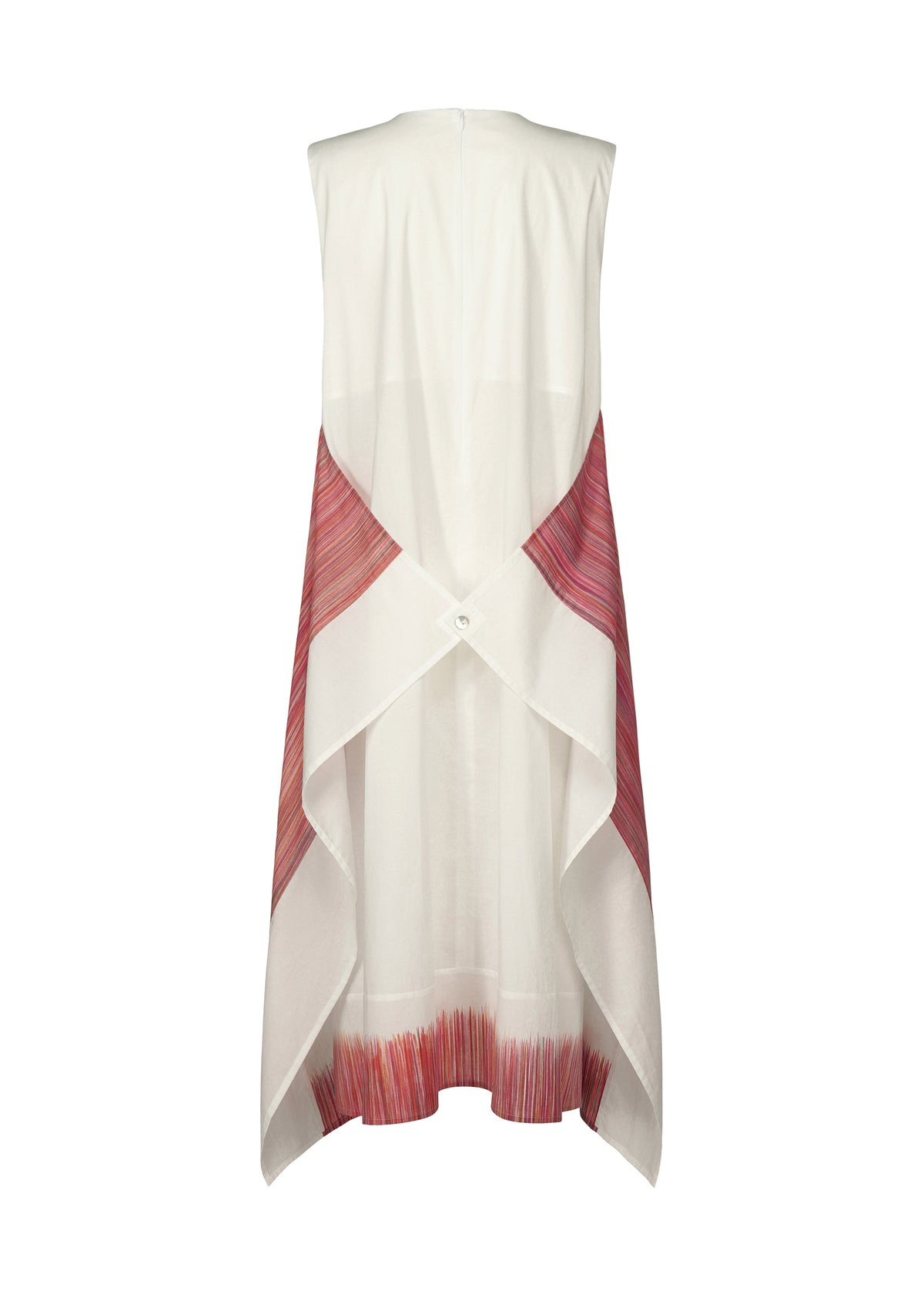 The SAZANAMI dress by HaaT is a sleeveless white organic cotton style with an open back, crisscrossed panels, and single button detail. Red and pink stripes accent the hem and sides. Shown on a plain white background. view 4 of 10