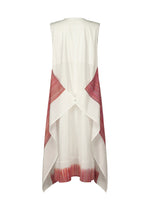 The SAZANAMI dress by HaaT is a sleeveless white organic cotton style with an open back, crisscrossed panels, and single button detail. Red and pink stripes accent the hem and sides. Shown on a plain white background.