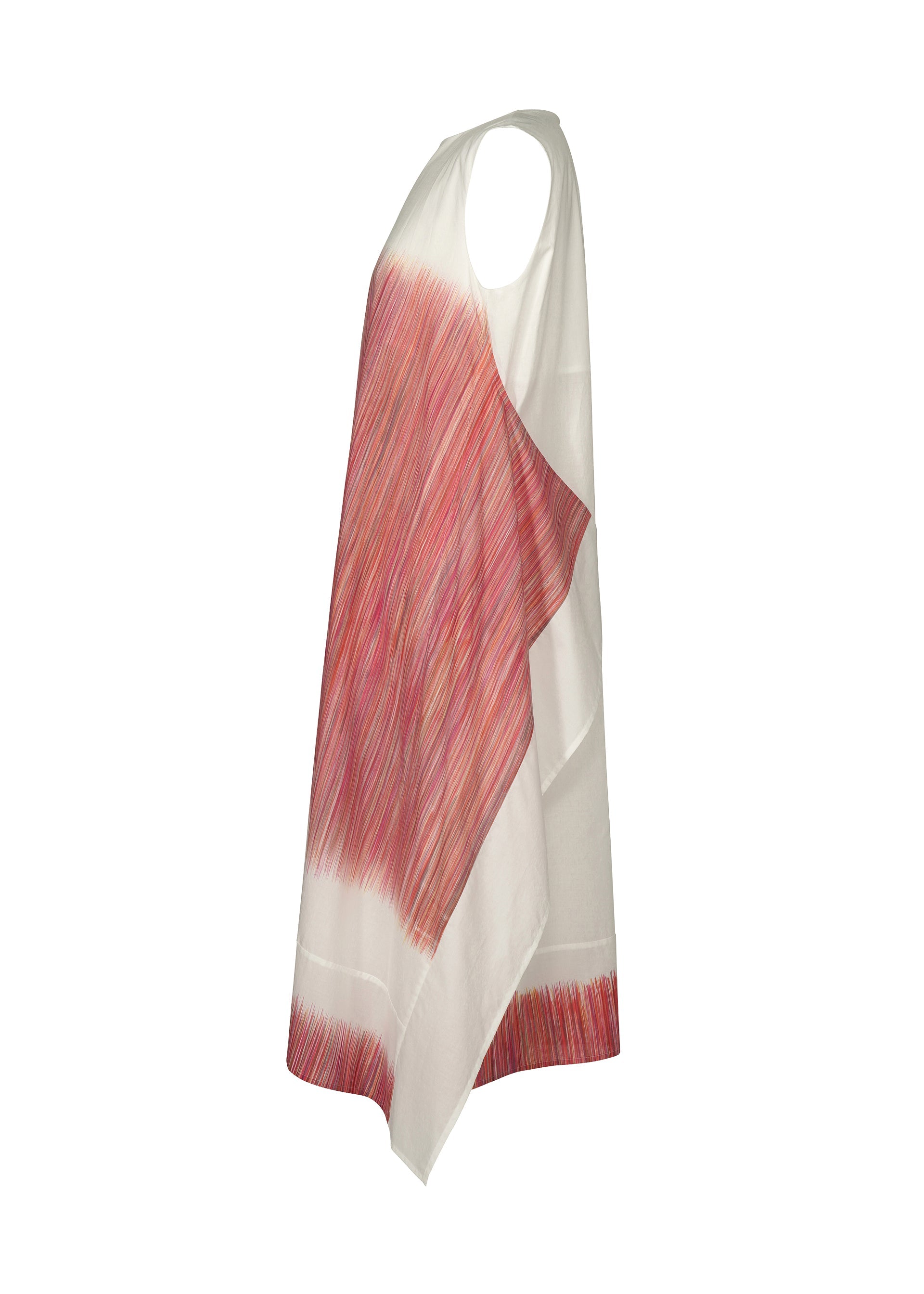 Zoomed view The SAZANAMI dress by HaaT is a sleeveless, asymmetrical white organic cotton piece featuring red and pink diagonal gradient lines, reminiscent of hand painting, displayed on a plain background.