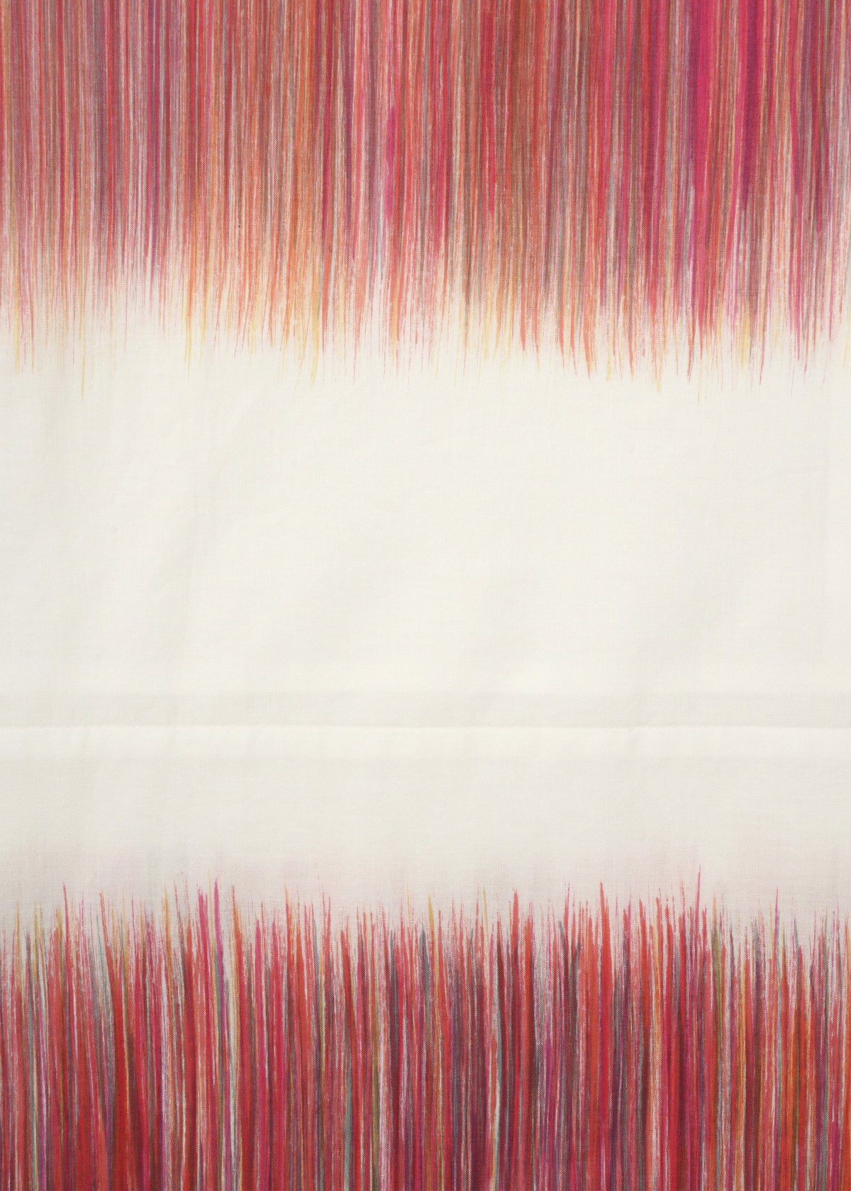 SAZANAMI by HaaT is a white organic cotton dress, accented with two hand-painted horizontal bands of dense vertical brushstrokes in red, orange, and purple by a Kyoto artisan. The plain center balances the design to create a vibrant border effect. view 6 of 10